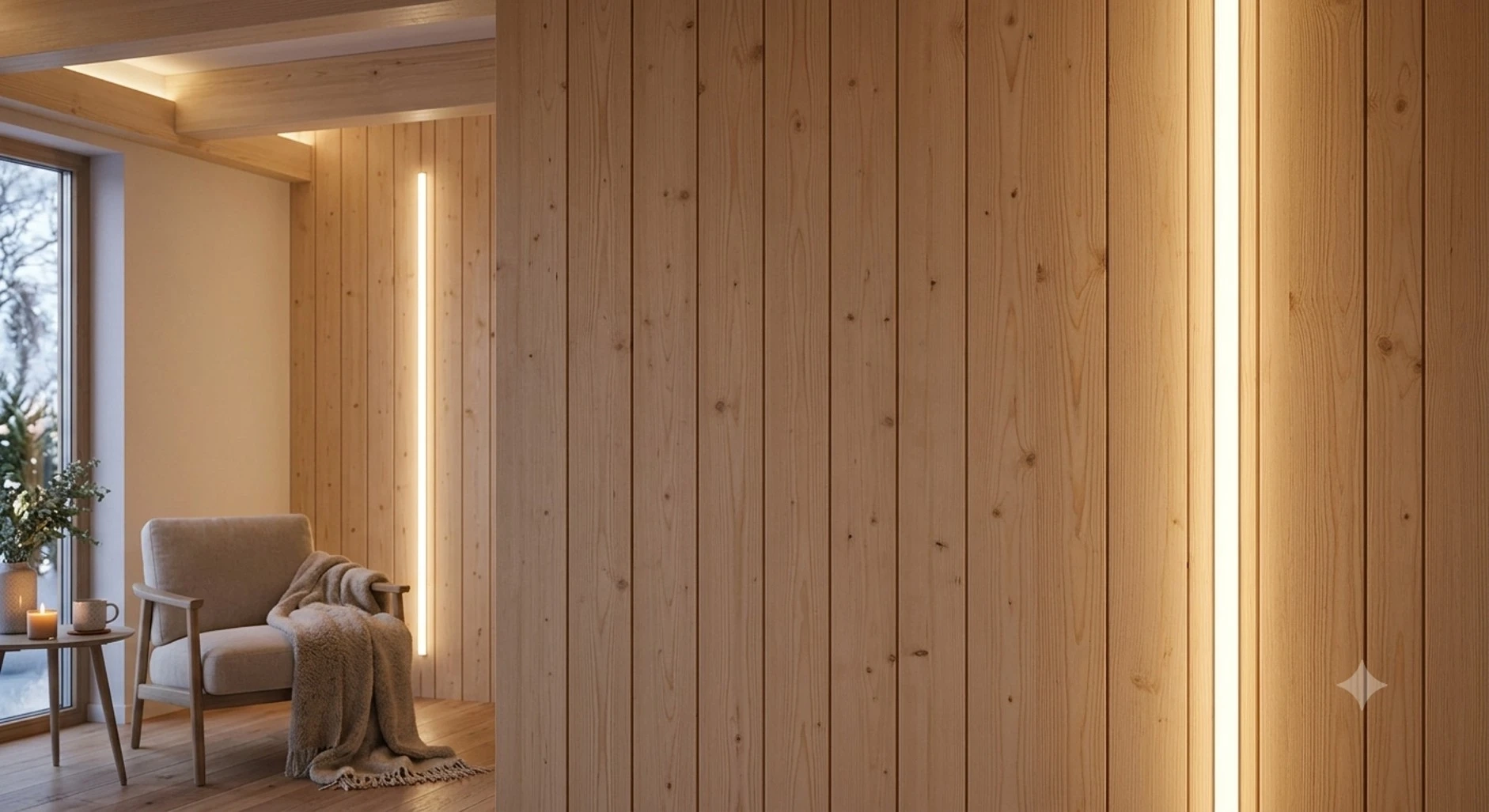 LED osvětlení a dřevěný obklad: Jak vytvořit útulný interiér ve stylu Hygge